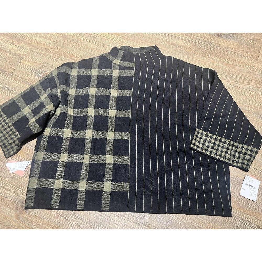 Gabby Isabella Black/Olive Mock Neck Knit Sweater Herringbone Sz Lg  Block print